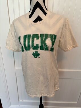 Gildan Cream Tee with Green Shamrock Accent
